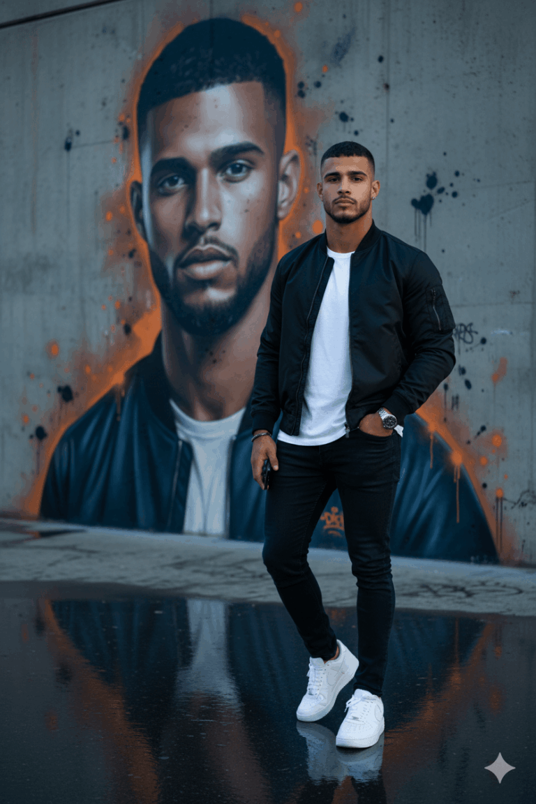 gemini generated image: A man in a black jacket and white sneakers stands in front of a concrete wall featuring a large, orange-highlighted portrait mural of a similar-looking man.