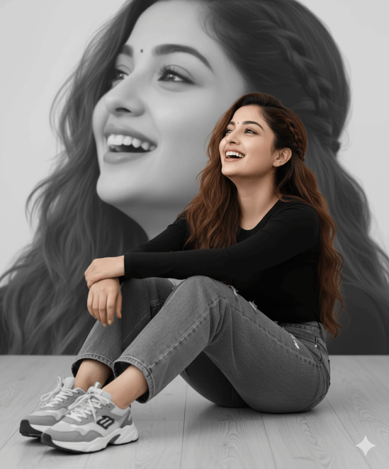 Gemini generated: A young woman with long, brown, partially braided hair is sitting on a wooden floor, wearing a black top, gray jeans, and sneakers, with a bright smile while looking up and to the side, set against a background featuring a large, blurred, black-and-white portrait of her laughing face.