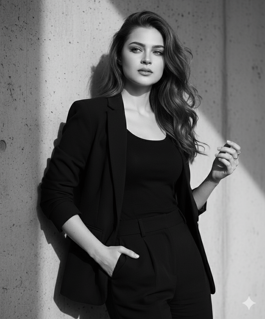 Gemini Generated: black and white photo of a woman with long, wavy hair, wearing a dark suit jacket and top, leaning against a concrete wall. She is looking towards the camera.