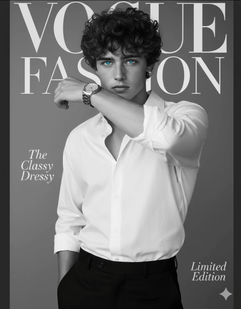 Gemini Generated Image: This is a black and white image styled like a Vogue Fashion magazine cover. It features a young man with curly hair, wearing an unbuttoned white shirt and dark trousers, showing off a wristwatch on his left arm. The text includes phrases like "VOGUE FASHION," "The Classy Dressy," and "Limited Edition."