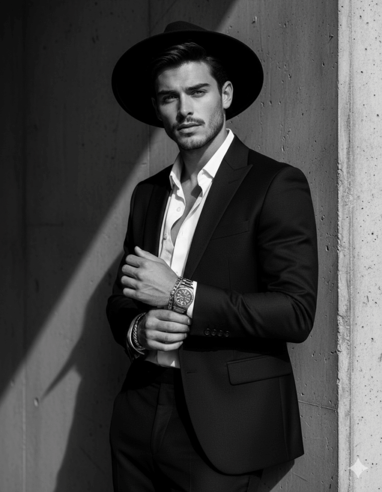 Gemini generated black and white photo, shows a handsome man in a dark suit, an unbuttoned white shirt, and a wide-brimmed hat. He is wearing a watch and bracelets, looking directly at the camera while posing against a concrete wall.