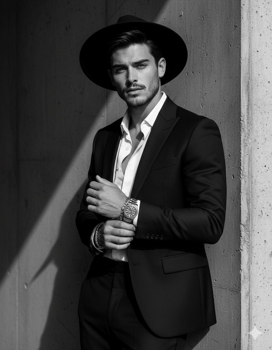 Gemini generated black and white photo, shows a handsome man in a dark suit, an unbuttoned white shirt, and a wide-brimmed hat. He is wearing a watch and bracelets, looking directly at the camera while posing against a concrete wall.
