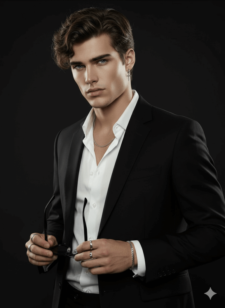 Ai Generated Images: A photograph of a handsome young man with dark, wavy hair, wearing a black suit jacket and an open white shirt. He is holding a pair of sunglasses and is accessorized with jewelry (rings, a chain necklace, and a cross earring). The background is solid black.