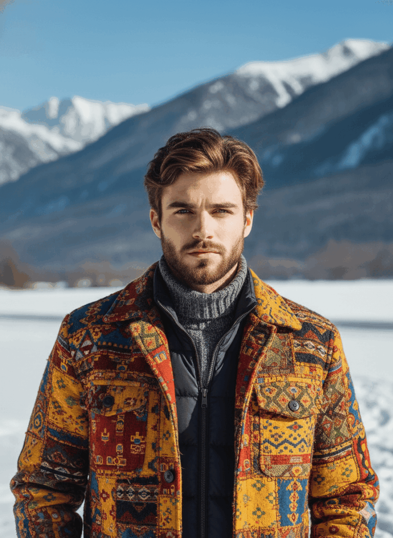 Gemini Generated Image: A man with a beard and brown hair wears a colorful, patterned jacket over a gray turtleneck and a navy puffer vest, standing in a snowy mountain landscape under a bright blue sky.
