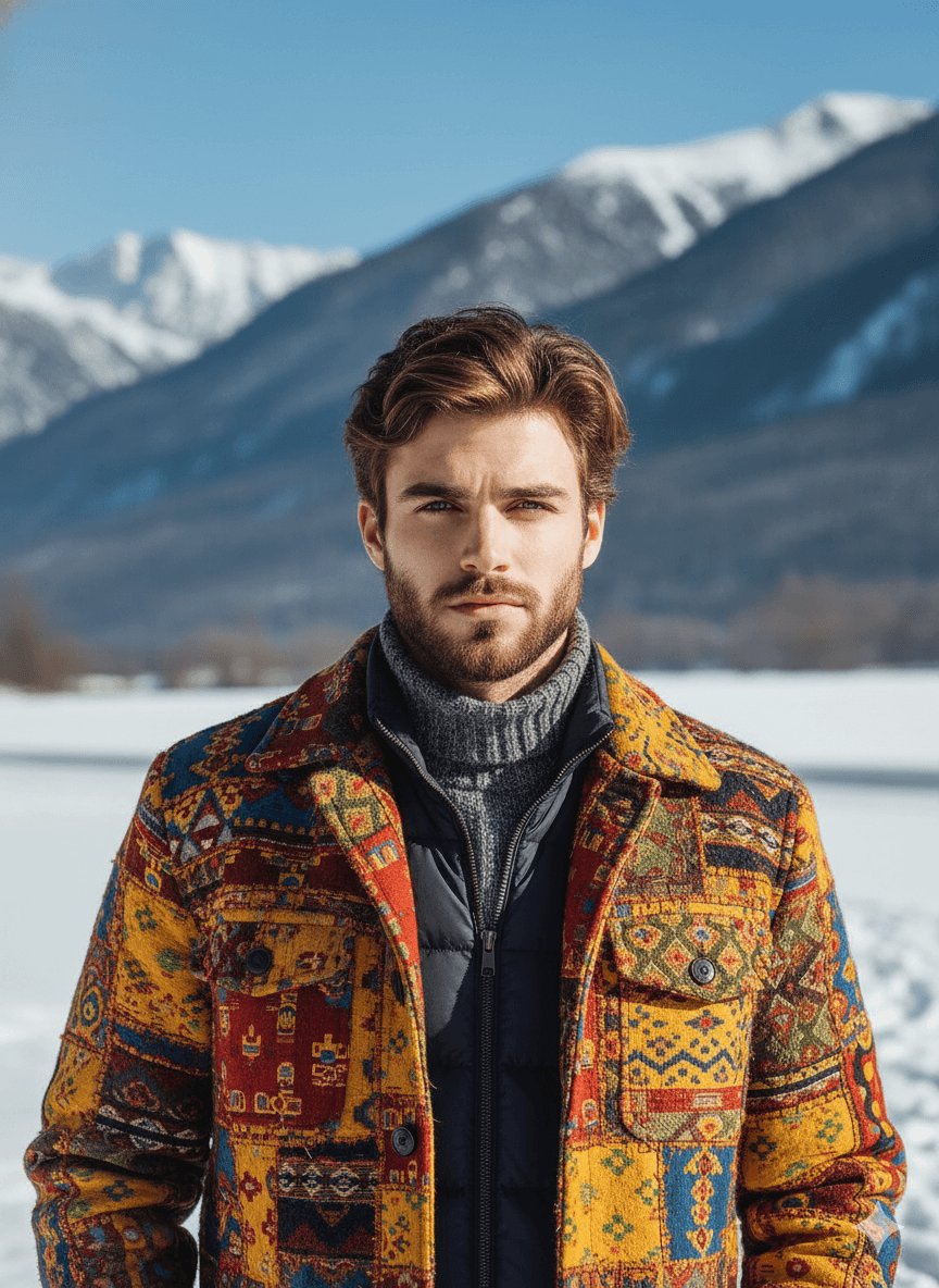 Gemini Generated Image: A man with a beard and brown hair wears a colorful, patterned jacket over a gray turtleneck and a navy puffer vest, standing in a snowy mountain landscape under a bright blue sky.