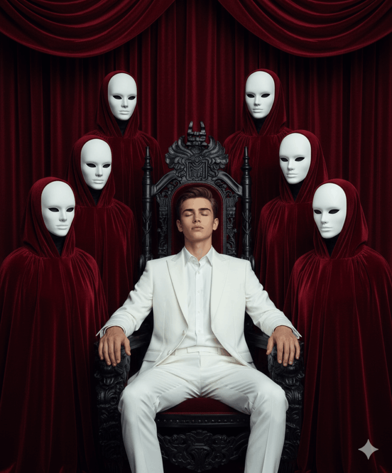 Gemini Generated Image: A young man in a white suit sits on a black, ornate throne with his eyes closed. He is surrounded by six figures wearing white, featureless masks and red hooded cloaks. The background is a deep red velvet curtain.