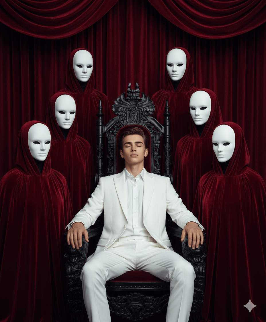 Gemini Generated Image: A young man in a white suit sits on a black, ornate throne with his eyes closed. He is surrounded by six figures wearing white, featureless masks and red hooded cloaks. The background is a deep red velvet curtain.