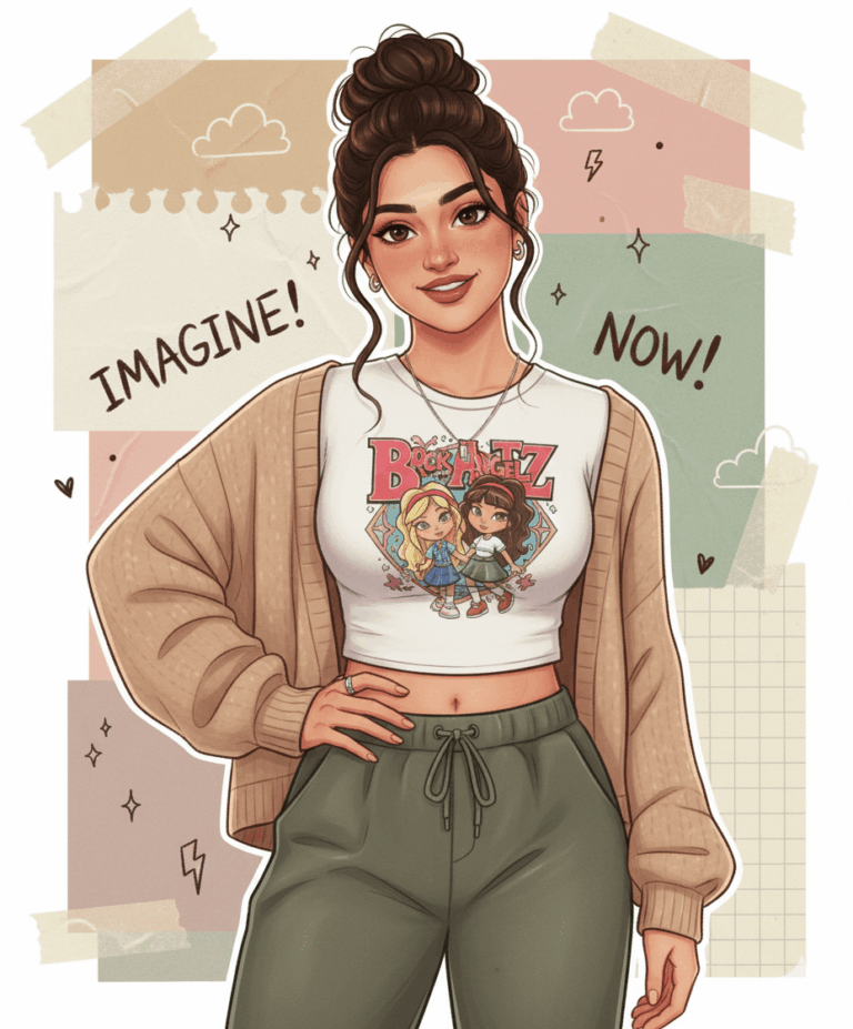Gemini Generated: A stylized digital illustration of a young woman with a bun, wearing a Bratz graphic crop top, a beige cardigan, and olive green sweatpants, against a background of scrapbook-style paper and sketches.