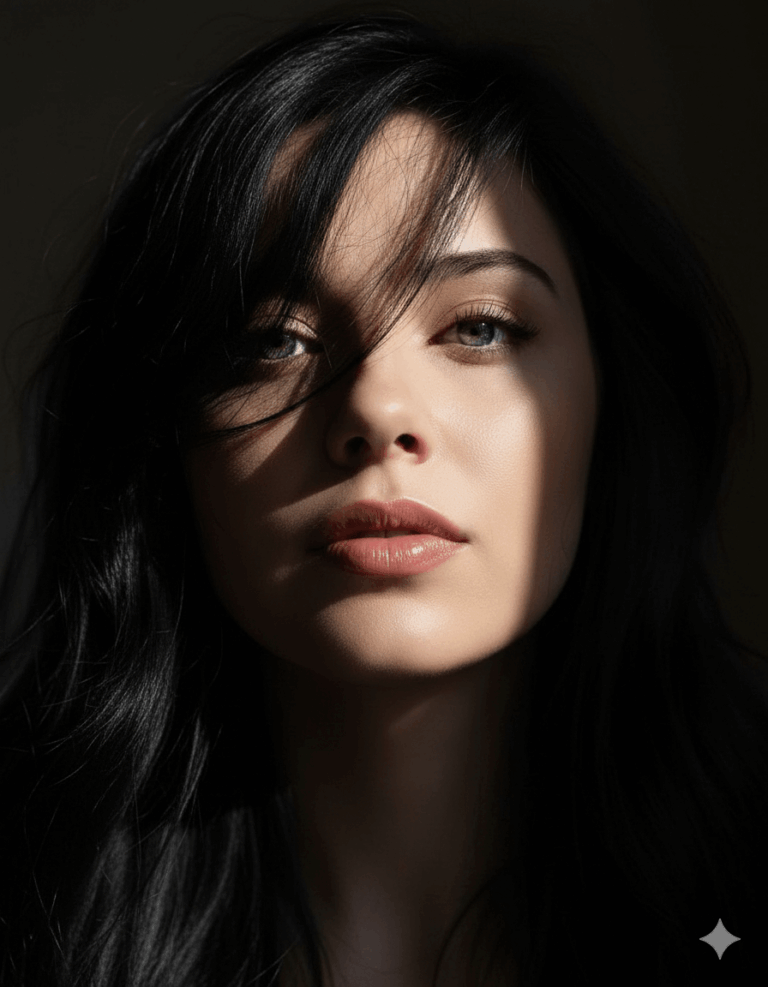 Gemini Generated: A close-up portrait of a woman with dark hair partially obscuring her face, dramatically lit by a shaft of sunlight across her right eye and cheek.