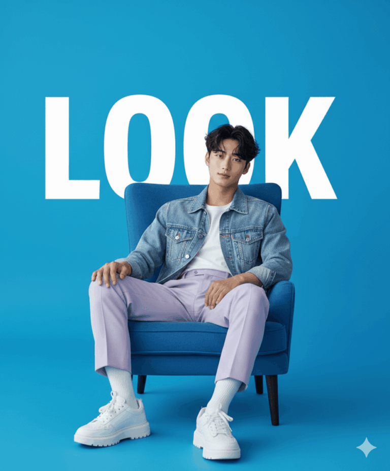Gemini Generated image of a stylish young man wearing a denim jacket and light purple pants, seated on a blue armchair against a bright blue background with the large white word "LOOK" behind him.