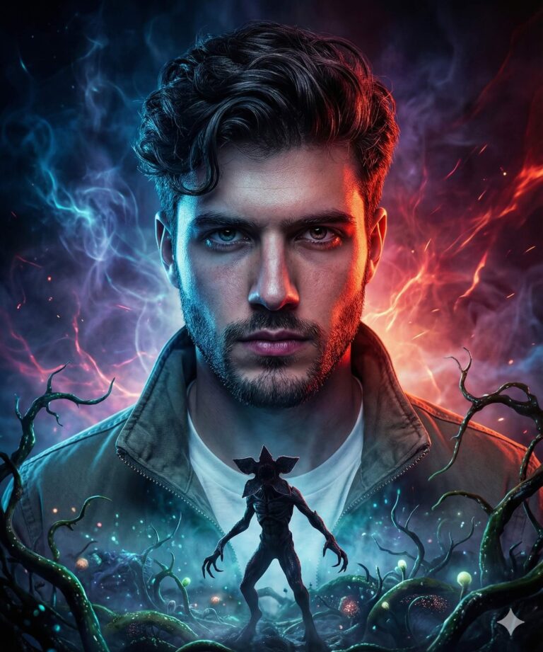 Gemini Generated: A man with intense eyes and dark hair is depicted in a dramatic, digitally rendered image, framed by red and blue lightning effects and surrounded by thorny vines and a small silhouette of a Demogorgon-like creature in the foreground, suggesting a theme of dark fantasy or science fiction, possibly inspired by Stranger Things