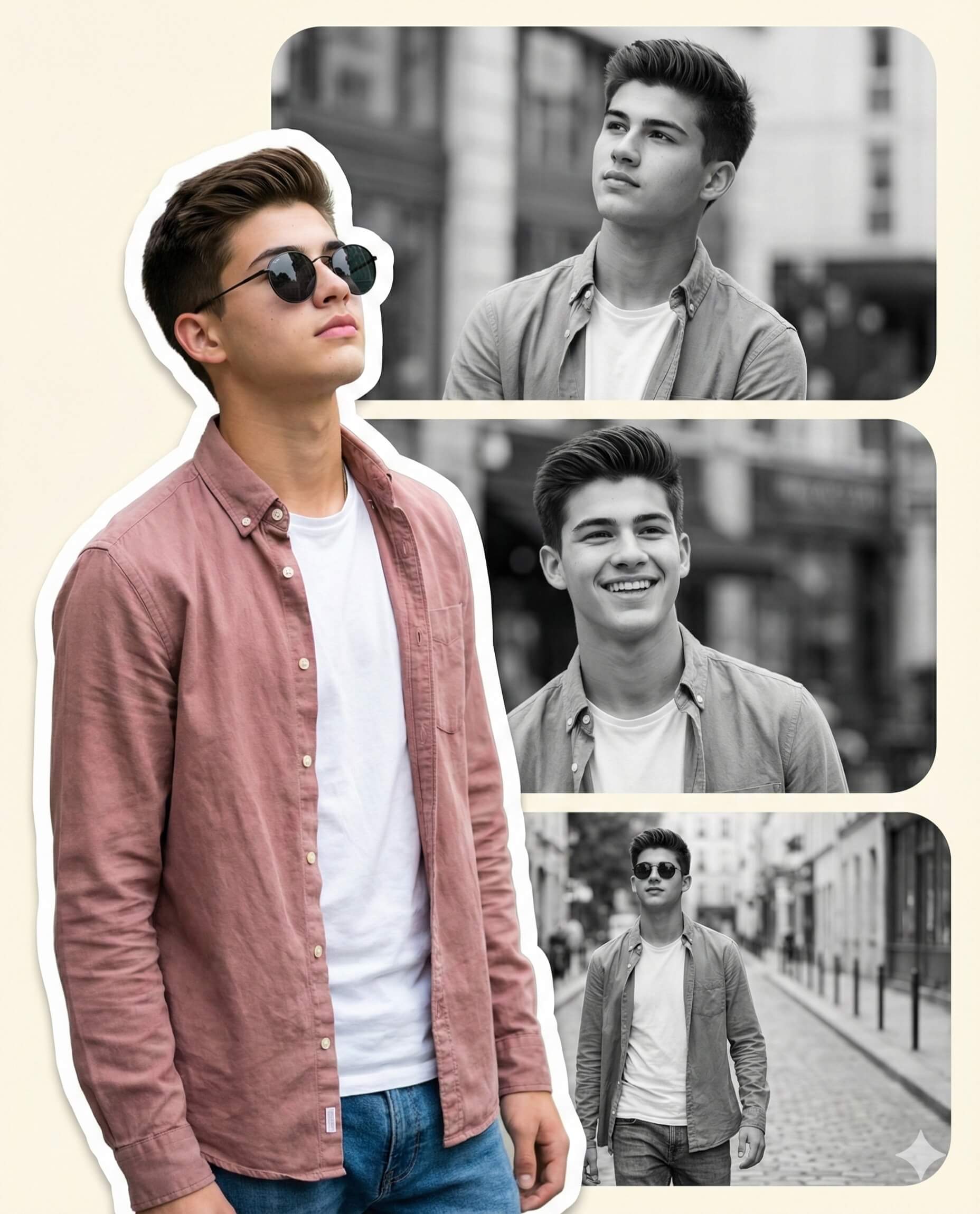 Gemini Ai Generated Image: A collage features a young man with dark hair and sunglasses in a color photograph on the left, wearing a pink button-down shirt and jeans, juxtaposed with three smaller, black-and-white portraits of the same young man in a city street setting on the right, displaying various poses and expressions.
