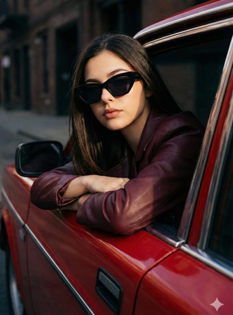 Gemini Generated Image: A stylish young woman wearing dark sunglasses and a maroon/burgundy jacket leans out the window of a red car. She is looking directly at the camera.