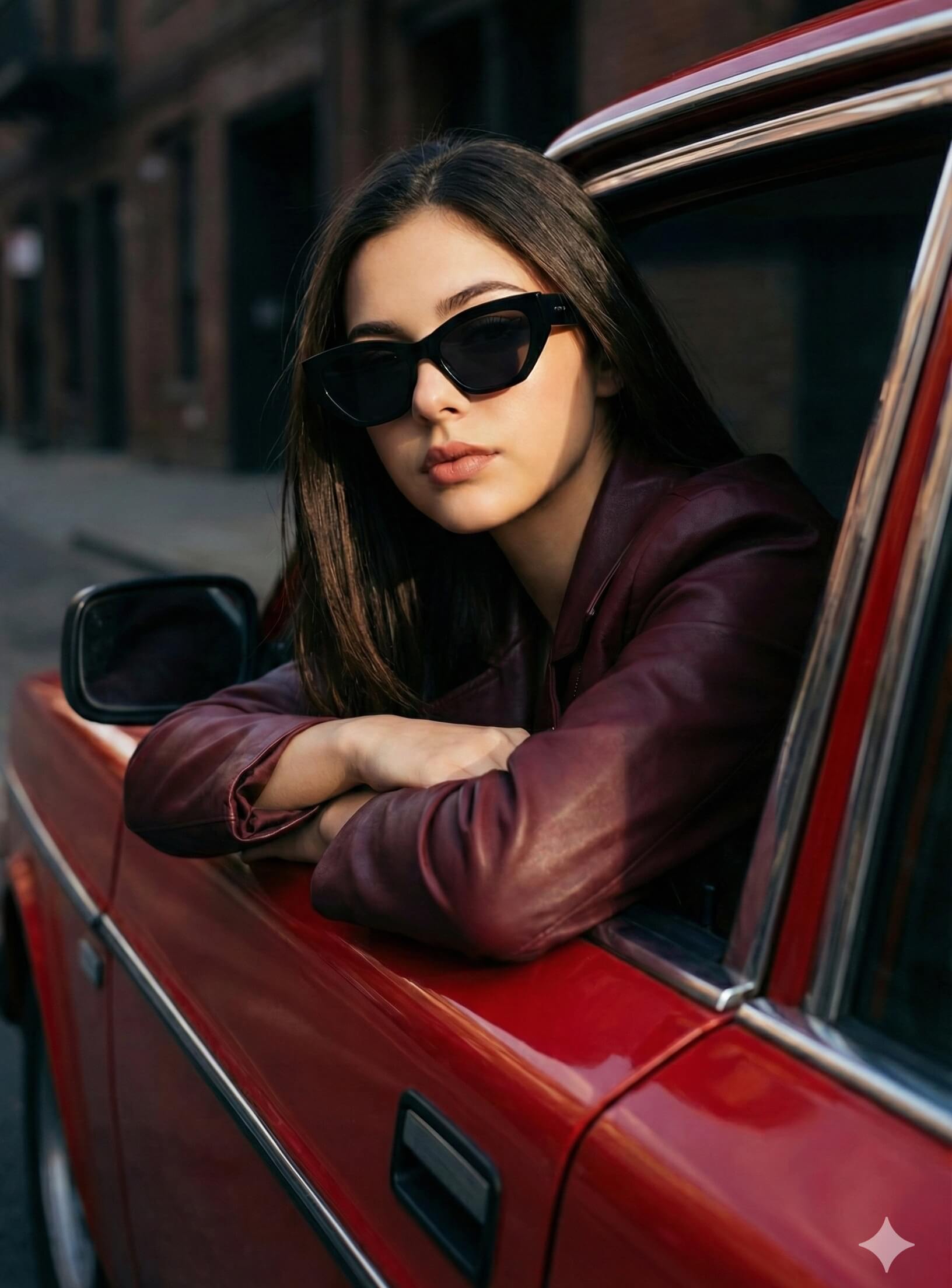 Gemini Generated Image: A stylish young woman wearing dark sunglasses and a maroon/burgundy jacket leans out the window of a red car. She is looking directly at the camera.