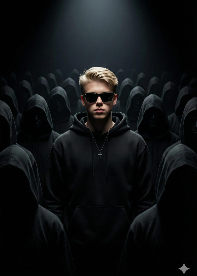 Gemini Generated Image: A blond young man wearing sunglasses and a black hoodie stands illuminated in a spotlight. He is surrounded by a crowd of dark, hooded, shadowed figures.