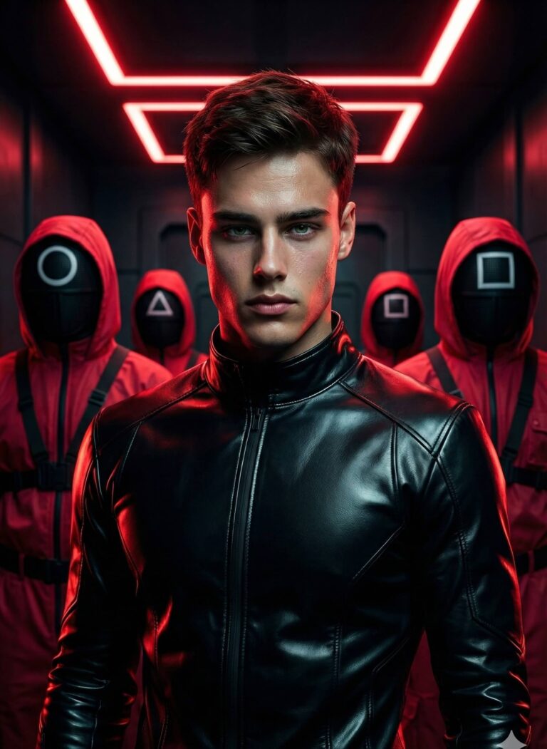 Gemini Generated Images: a handsome man in a black leather jacket standing in a dark, red-lit corridor. Behind him, four figures in red hooded jumpsuits and black masks (like those from the show Squid Game), each displaying a circle, triangle, or square shape, are standing out of focus. The overall mood is intense and dramatic.