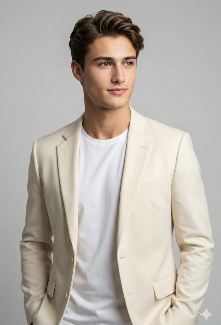 Gemini Generated Image: A young man in a cream/off-white blazer over a white t-shirt looking slightly off-camera.