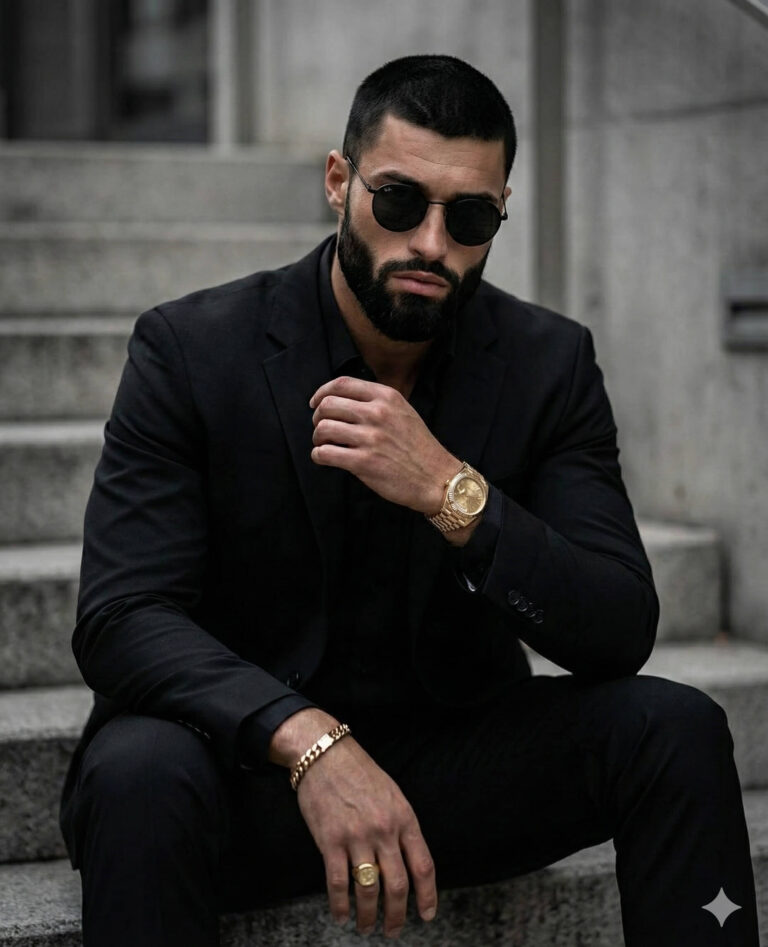 Gemini Generated Image: A man in a black suit with a short haircut and a full beard is sitting on stone steps. He is wearing round sunglasses, a gold wristwatch, a gold bracelet, and a gold ring. He has a serious expression.