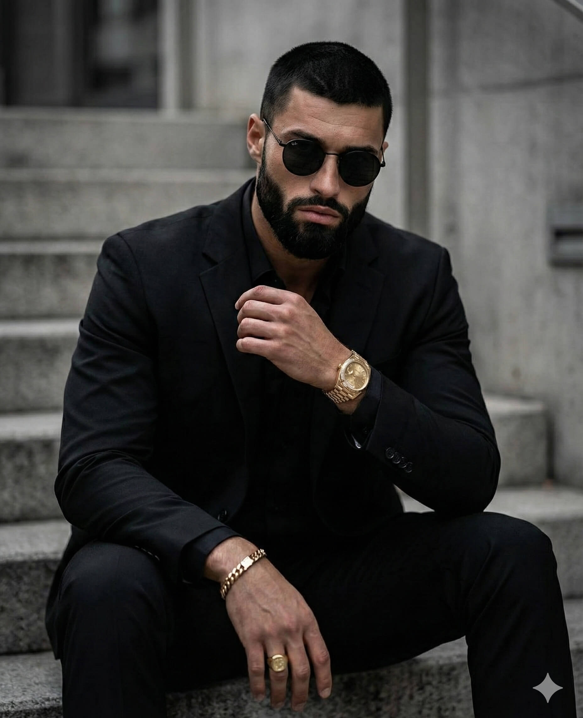 Gemini Generated Image: A man in a black suit with a short haircut and a full beard is sitting on stone steps. He is wearing round sunglasses, a gold wristwatch, a gold bracelet, and a gold ring. He has a serious expression.
