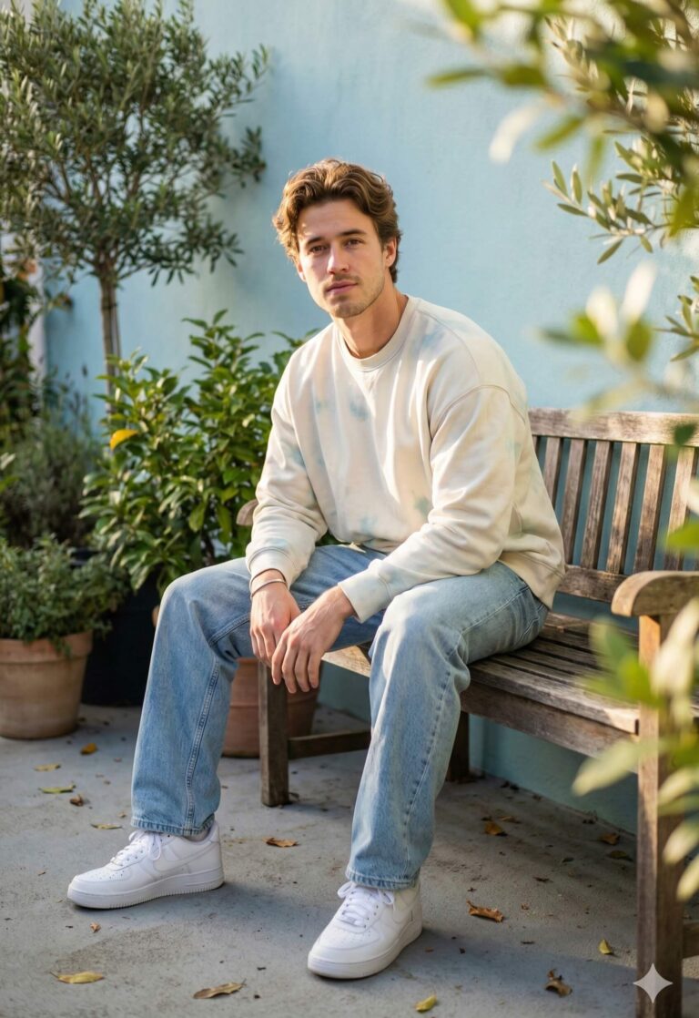 Gemini Generated Image: A young man is sitting on a wooden bench outdoors, surrounded by potted plants. He is wearing a light-colored, tie-dye sweatshirt, light-wash jeans, and white sneakers.