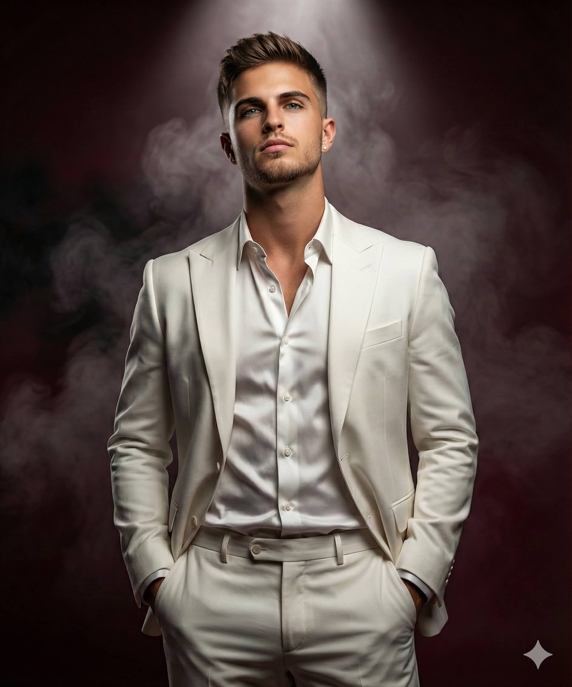 Gemini AI Generated Image: a handsome man wearing a white suit and an open-collar white shirt. He is standing under a spotlight, with a dark, smoky background. His hands are in his pockets, and he is looking directly at the viewer.