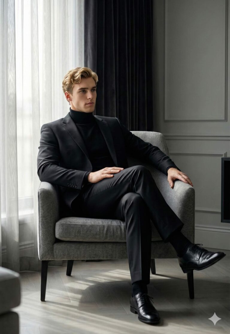Ai Generated Image: A man in a black suit and turtleneck is seated in a grey armchair.