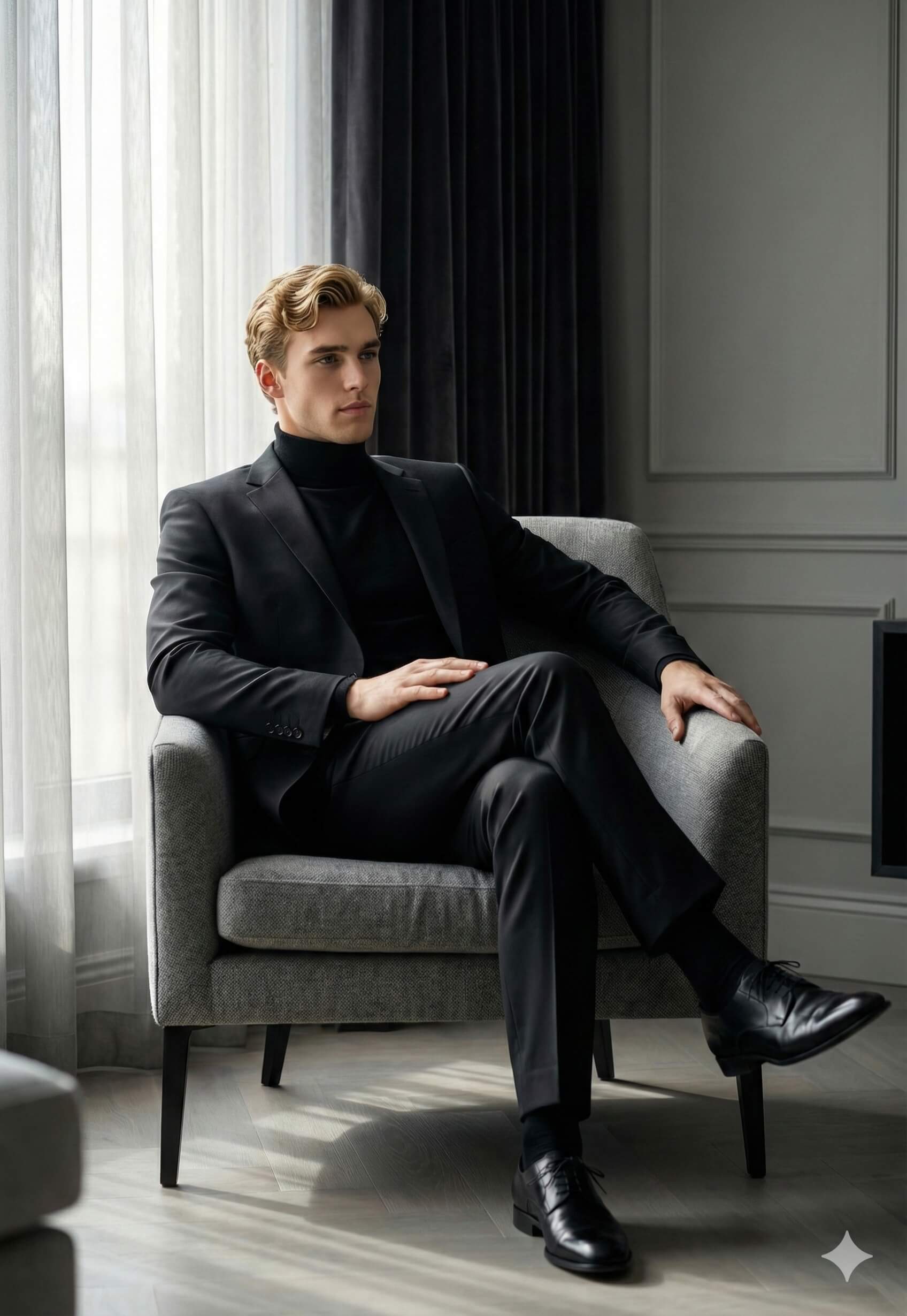 Ai Generated Image: A man in a black suit and turtleneck is seated in a grey armchair.