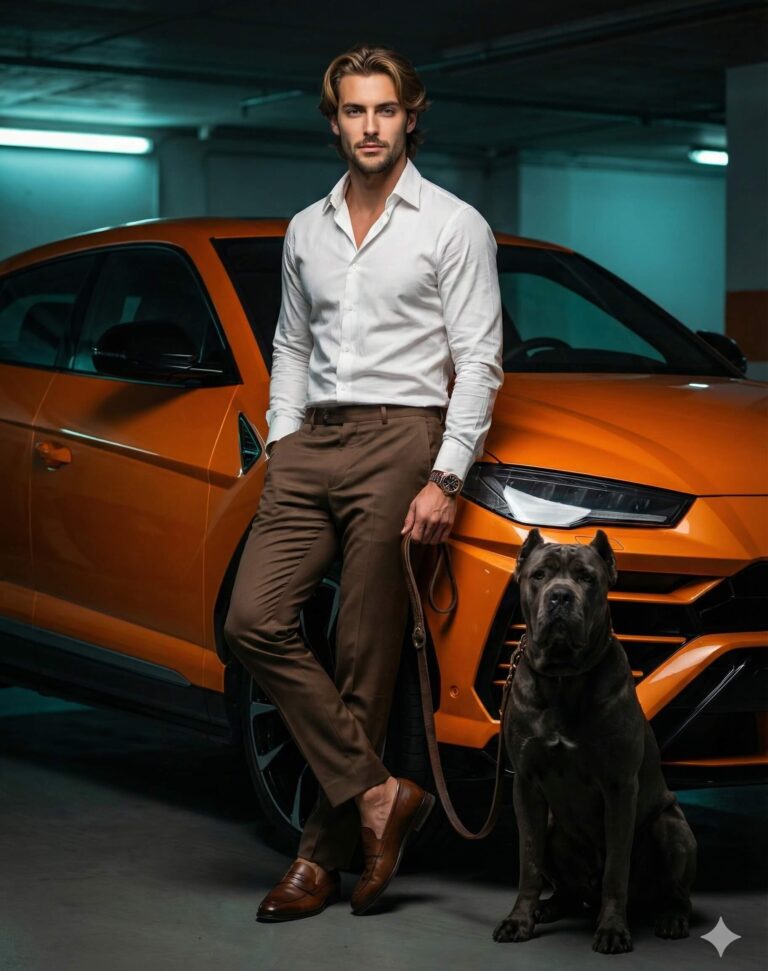 Gemini Generated Image: A stylish man in a white shirt and brown trousers stands next to an orange sports car with a dark gray Cane Corso dog sitting beside him.