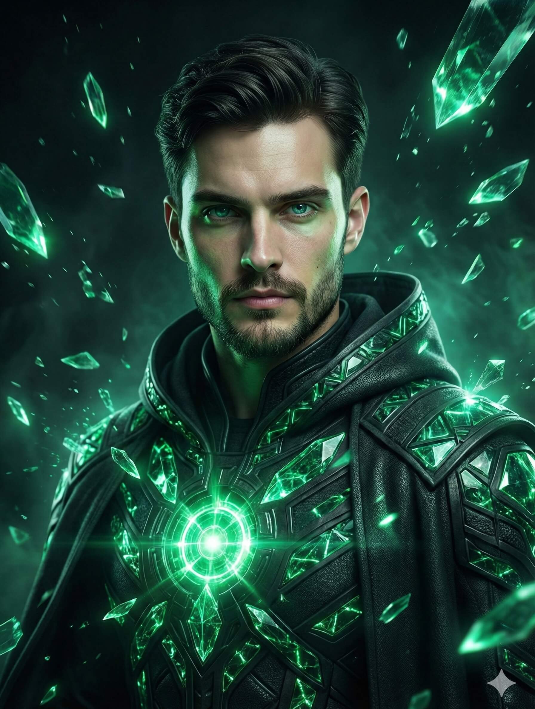 Gemini Generated Image: A handsome man with a beard and intense green eyes, wearing a dark, hooded outfit adorned with glowing, shattered green crystals.