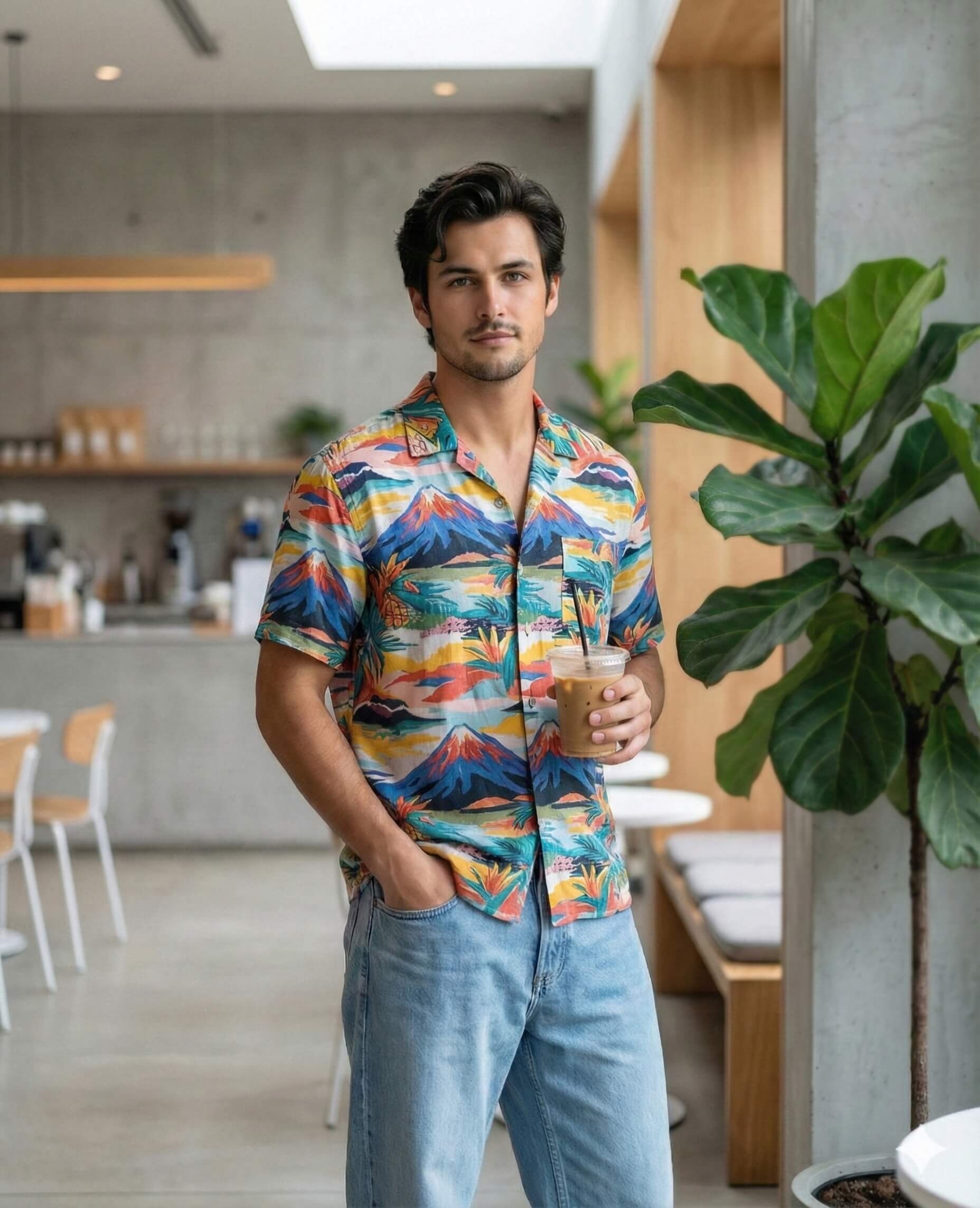 Gemini Ai Generated Image: A man in a bright, colorful Hawaiian-style shirt and light blue jeans stands indoors, holding an iced drink. He is in a modern, minimalist space that looks like a cafe or lobby, with a large green plant nearby.