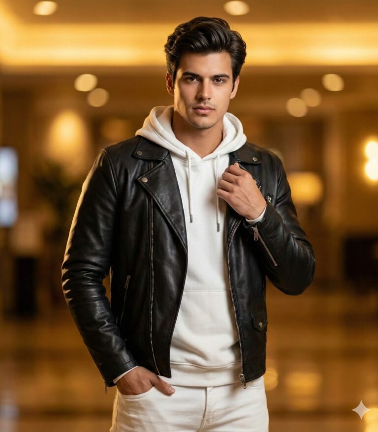 Gemini Ai Generated Image: A man wearing a black leather jacket over a white hoodie and white pants stands indoors, looking directly at the camera. He has dark hair.
