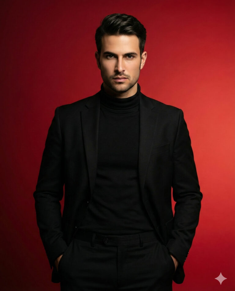 Gemini Generated Image: A well-dressed man in a black turtleneck and suit jacket is posing against a red background. He is looking directly at the camera.