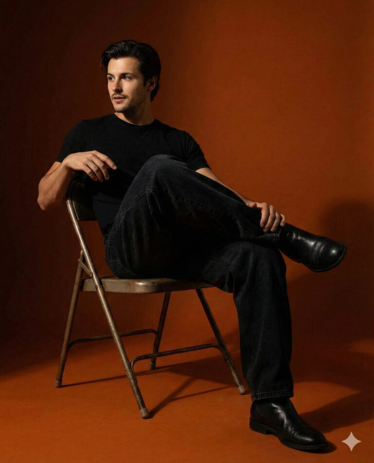 Gemini Ai Generated Image: A man wearing a black t-shirt and dark jeans sits on a metal folding chair against a warm, reddish-brown background. He is looking to his left, and his legs are crossed. He is also wearing black boots.