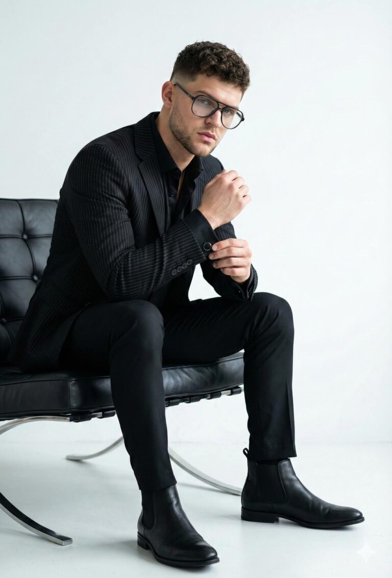 Ai Generated Image: A man in a black pinstripe suit, black shirt, and black Chelsea boots is seated on a black leather chair. He is wearing eyeglasses and adjusting his cuff. The background is plain white.