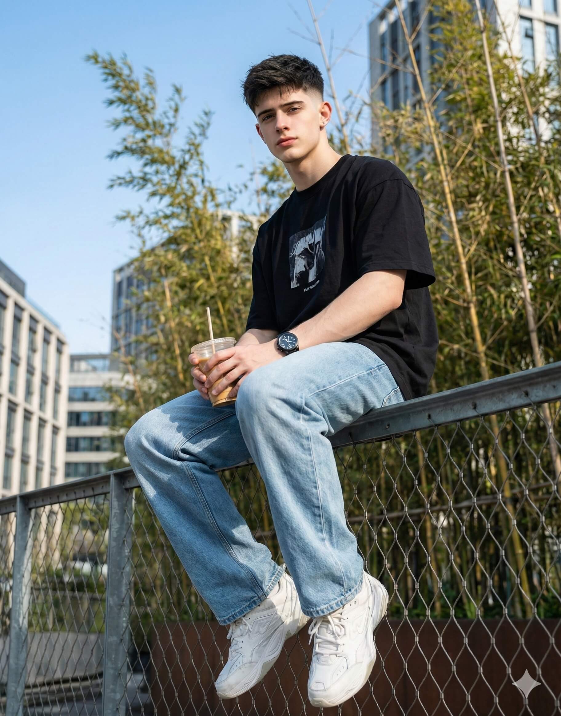 Ai Generated Image: A young man with dark hair is sitting on a metal railing outdoors. He is wearing a black graphic t-shirt, light-wash blue jeans, and chunky white sneakers. He is holding an iced coffee in his hands. The background features some tall buildings and bamboo plants.