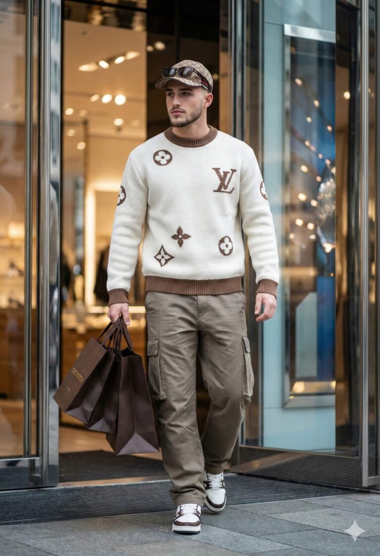 Gemini Generated Image: A man is walking out of a store, holding several shopping bags. He is wearing a white and brown Louis Vuitton patterned sweater, cargo pants, and a baseball cap.