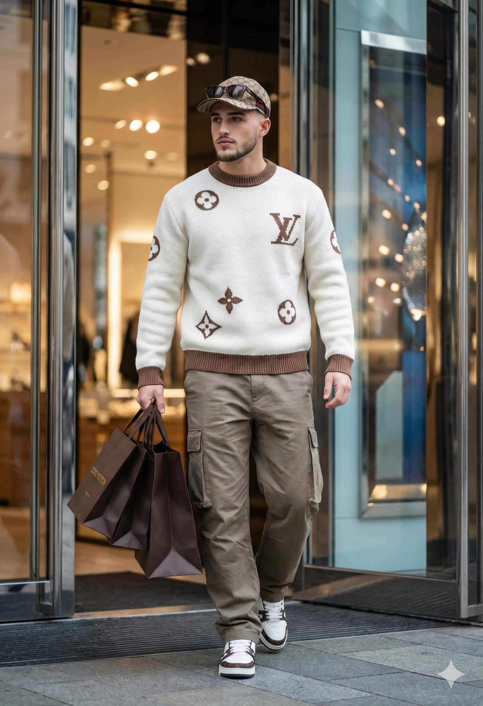 Gemini Generated Image: A man is walking out of a store, holding several shopping bags. He is wearing a white and brown Louis Vuitton patterned sweater, cargo pants, and a baseball cap.