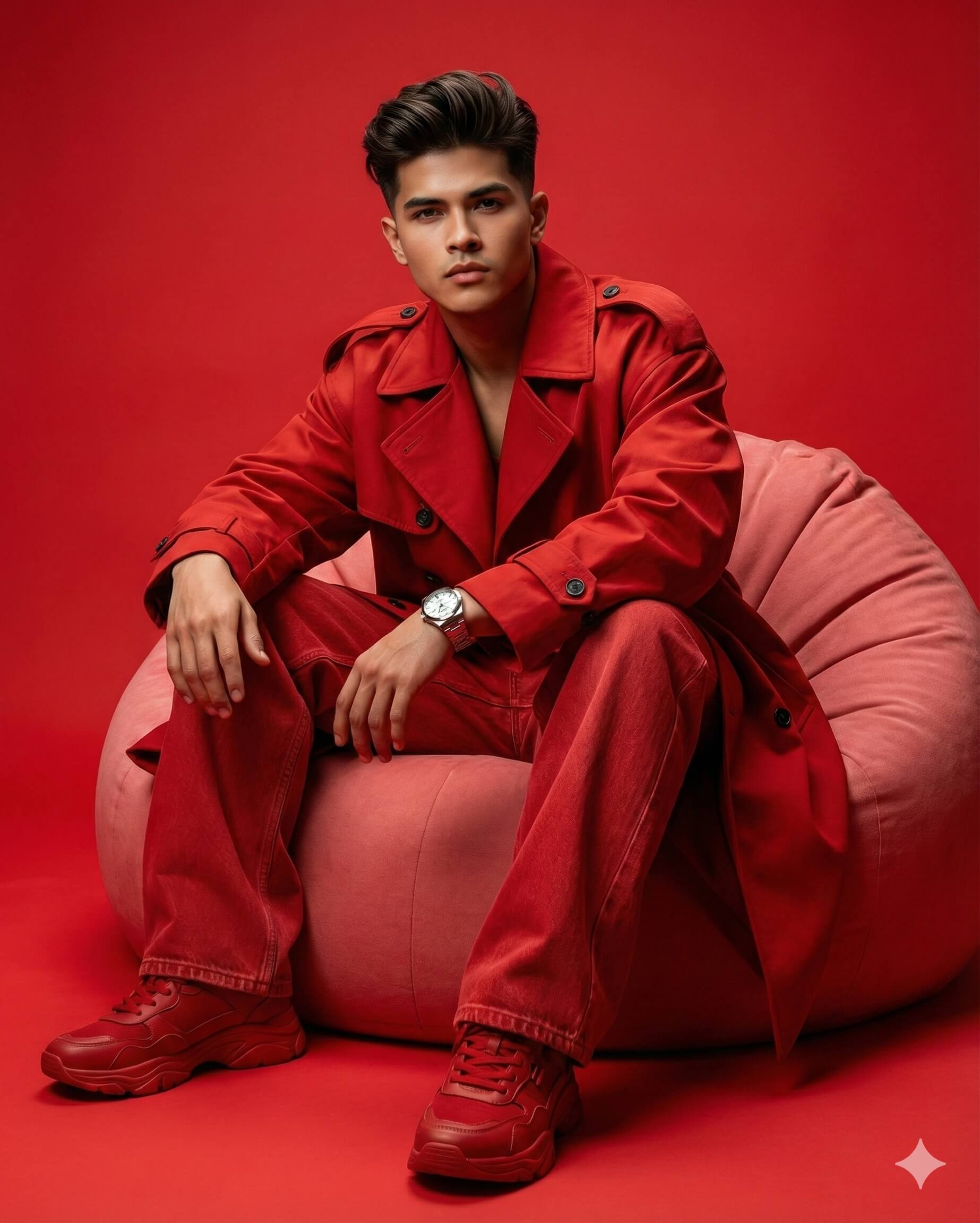 Gemini Ai Generated photo of a young man sitting on a pink beanbag chair against a solid red background. He is wearing a red trench coat, red pants, and red sneakers. He also has a silver watch on his wrist. The overall look is very monochromatic and stylish.