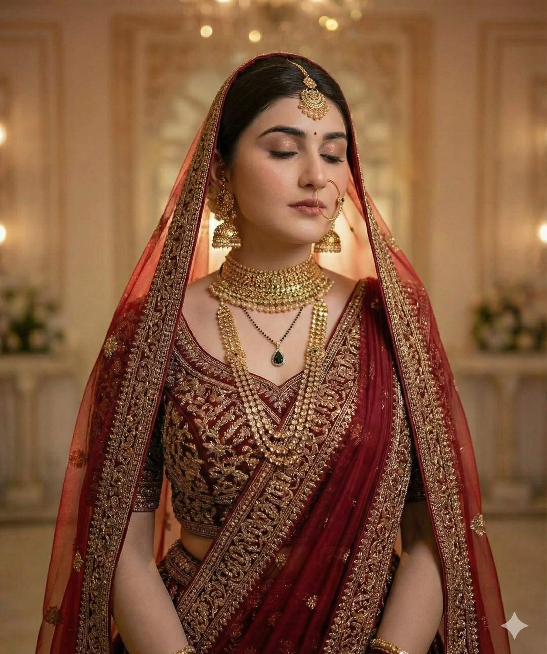 Gemini Generated Image: a beautiful Indian bride in a traditional red and gold wedding outfit (lehenga/saree and dupatta). She is wearing heavy, elaborate gold jewelry, including a choker, long necklaces, large earrings, and a maang tikka (forehead ornament), with her eyes closed. The background is softly lit and looks like a rich indoor setting.