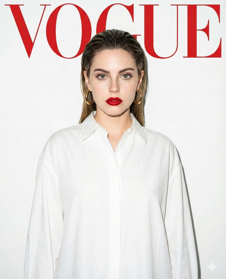 Gemini Generated Image: a portrait of a woman wearing a white shirt and gold hoop earrings, with slicked-back, wet-look hair and bright red lipstick. The word "VOGUE" in large red letters is visible at the top.