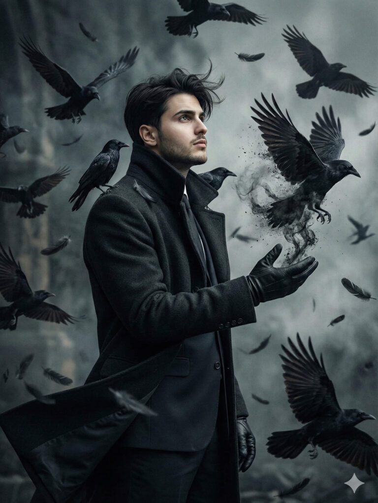 Gemini AI Generated Image: A man in a dark coat stands surrounded by black crows and feathers in a stormy, atmospheric setting. He is looking up, and one crow seems to be emerging from or turning into smoke near his gloved hand.