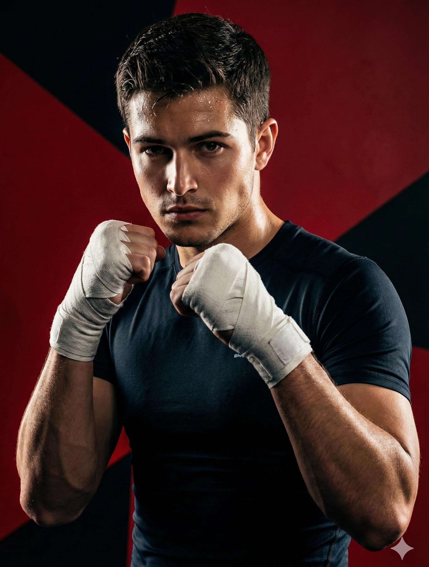Ai Generated Image: A fit young man with sweat on his brow, wearing a dark shirt and white hand wraps, poses in a boxing stance against a red and black background.