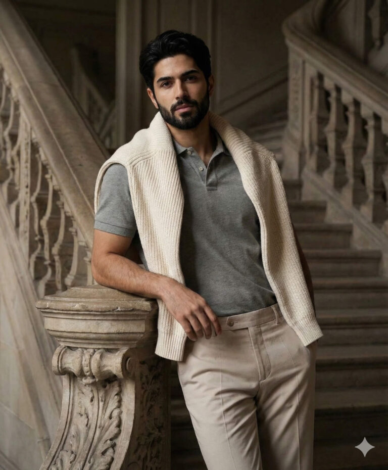 Gemini Ai Generated Image: a well-dressed man leaning on a stone banister indoors. He is wearing a grey polo shirt and light beige trousers, with a chunky cream-colored sweater draped over his shoulders. The background shows a grand staircase.