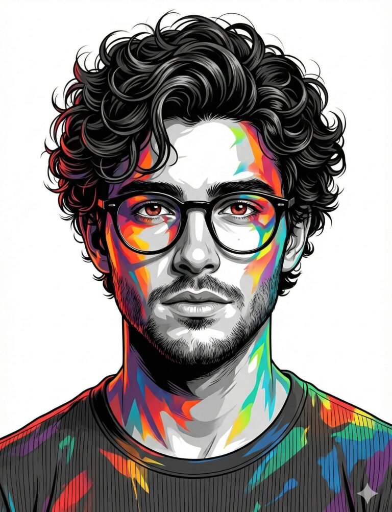 Gemini Generated: artistic portrait of a man with dark, curly hair and glasses. His face and shirt are illustrated with bright, colorful, abstract splashes of paint against a mostly white and black backdrop.