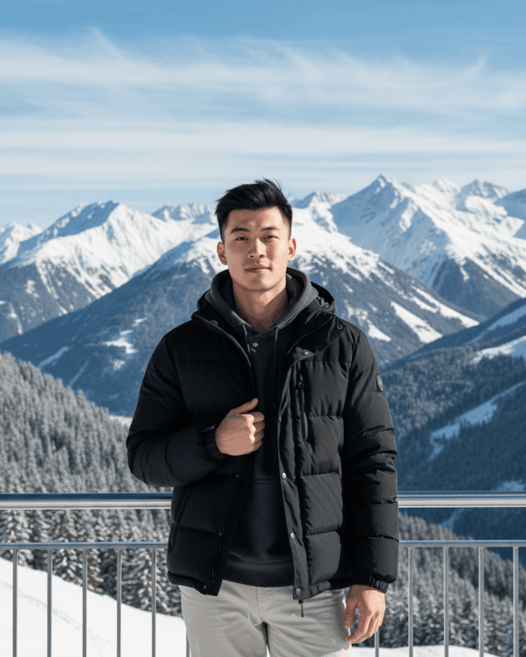 Gemeni Generated Image of A young man in a black puffer jacket and gray pants is standing outdoors, looking at the camera. He is on a snowy mountain viewing platform, with a dramatic background of snow-covered peaks, a forested slope, and a bright blue sky.