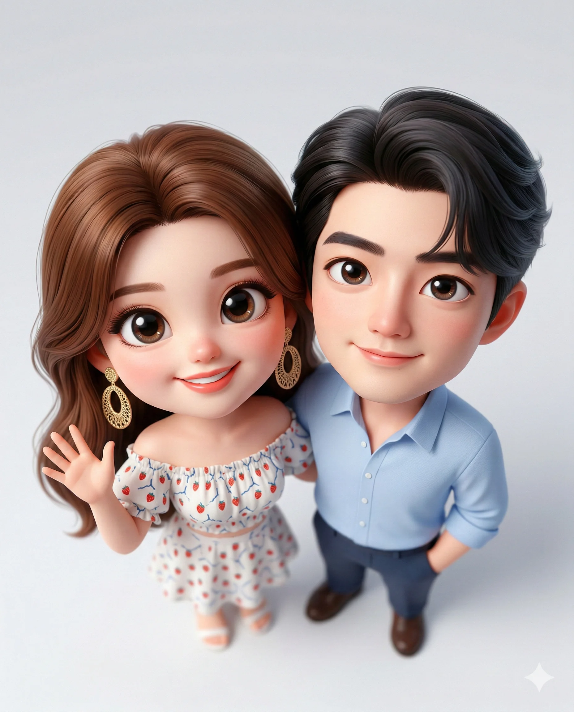 3D Stylized Couple Portrait Prompt. AI generated 3D digital illustration of a fashionable young couple posing together from a high-angle view, featuring a woman waving in a fruit-print top and a man in a light blue shirt.
