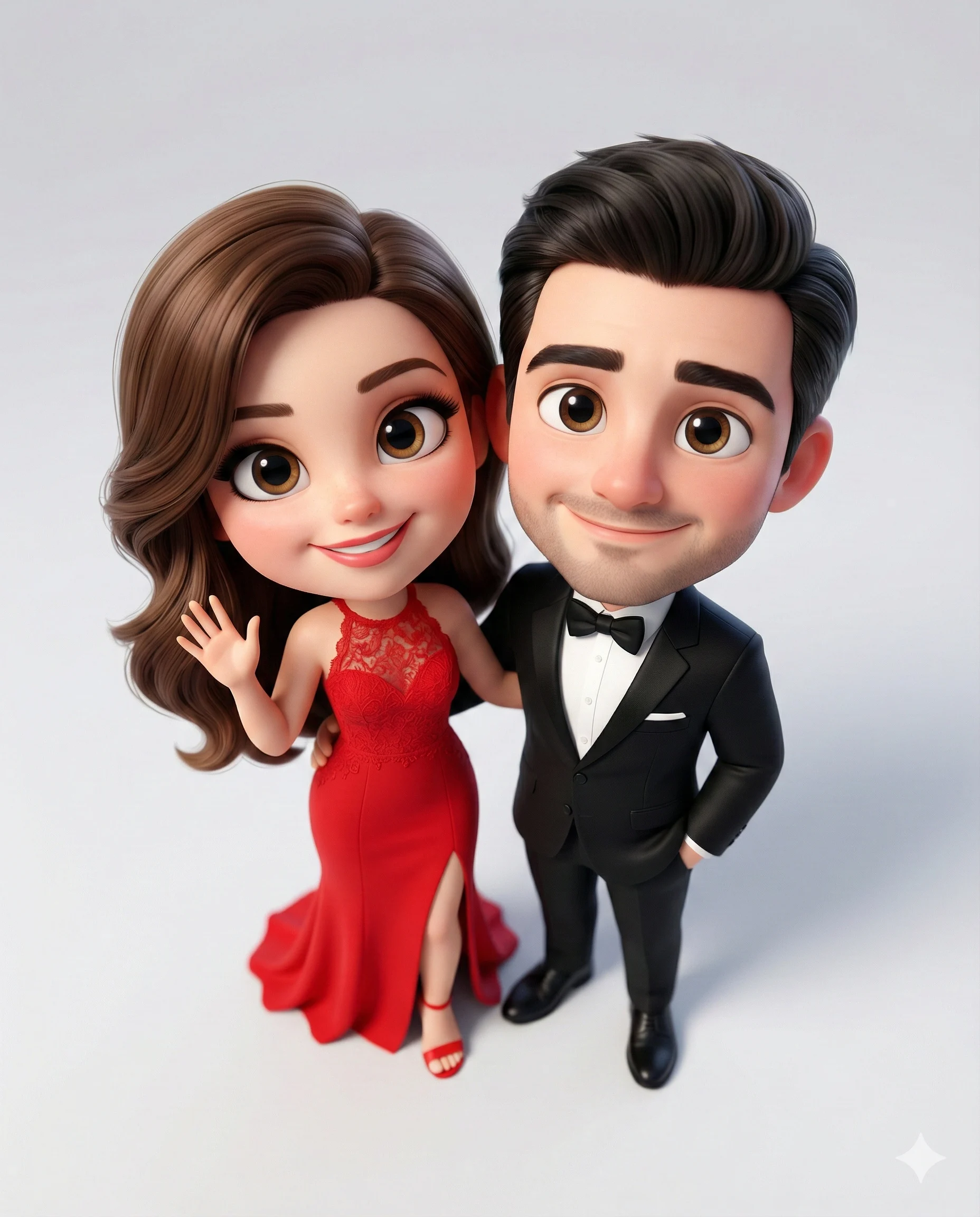 3D Couple in Formal Attire AI Prompt. AI generated 3D digital illustration of a smiling couple in formal wear, featuring a woman in a red lace gown waving and a man in a black tuxedo against a white background.