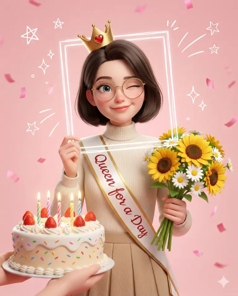 3D animated girl winking, wearing a crown and "Queen for a Day" sash. She holds sunflowers and a frame by a birthday cake. Festive pink background with confetti.