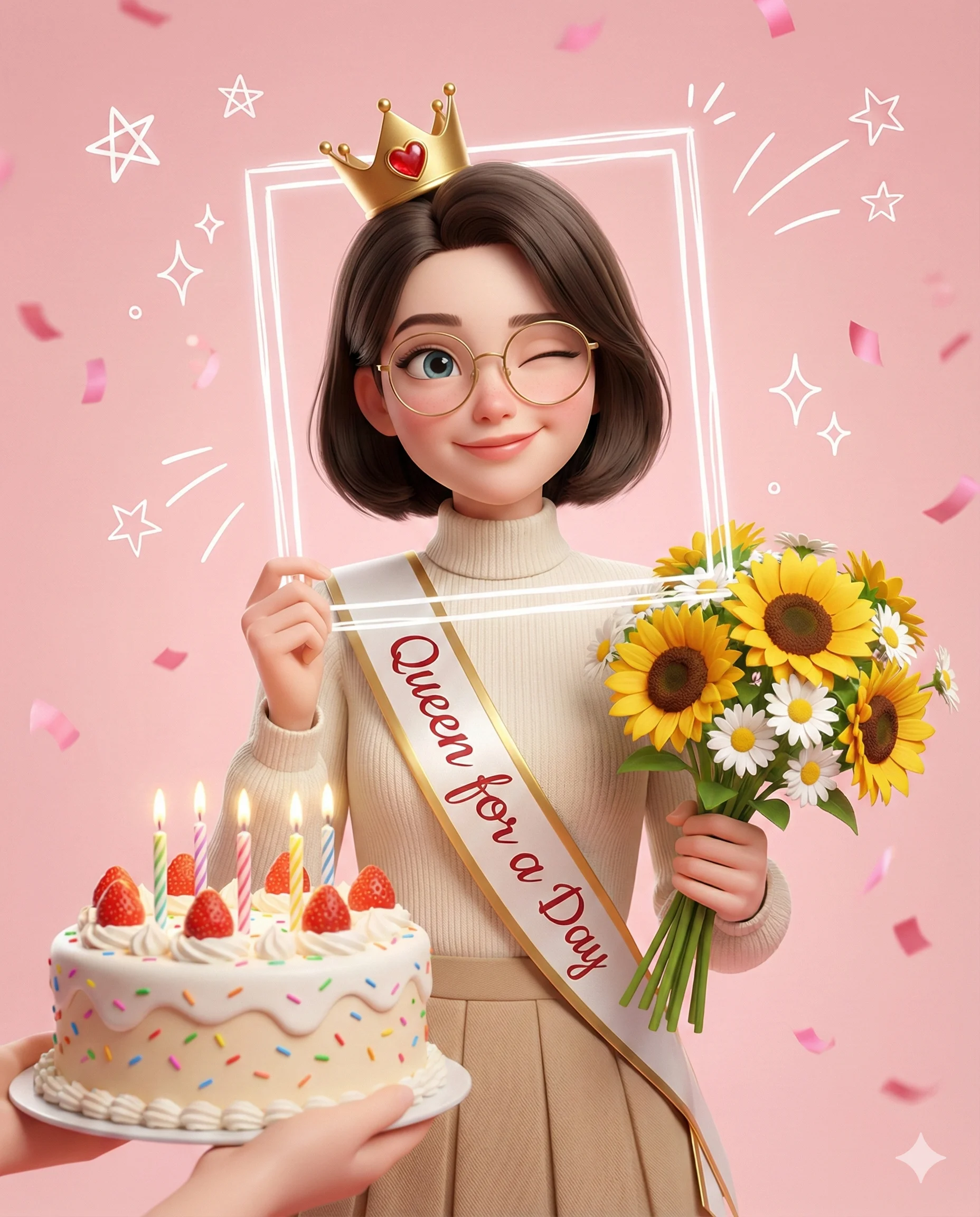 3D animated girl winking, wearing a crown and "Queen for a Day" sash. She holds sunflowers and a frame by a birthday cake. Festive pink background with confetti.
