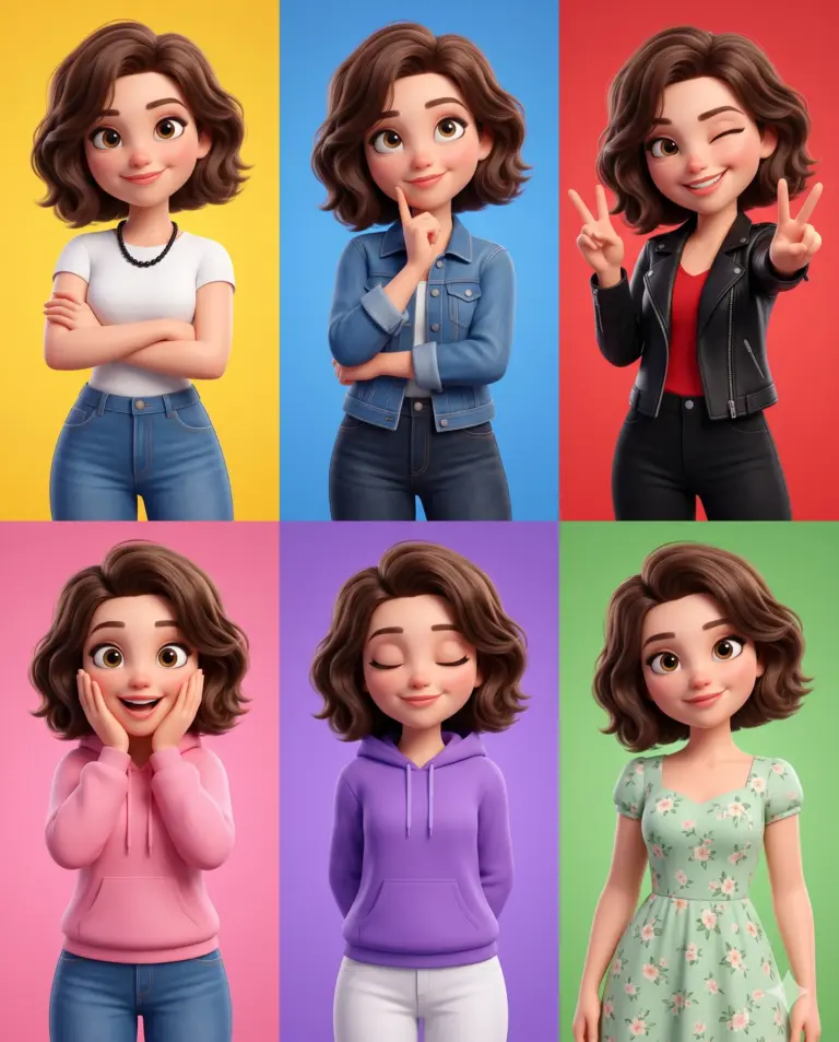 3D Female Character Expression Grid AI Photo Editing Prompt. AI generated 3D digital illustration showcasing a stylized woman with various facial expressions and outfits against vibrant, solid-colored backgrounds.